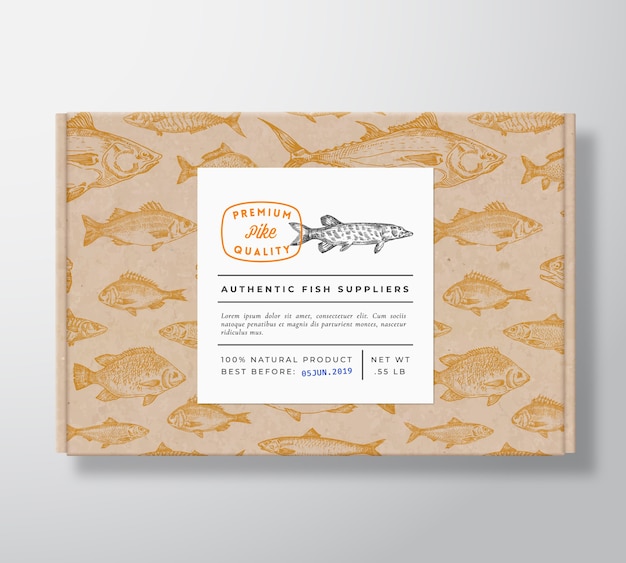 Maquete de embalagem de caixa de papelão realista de peixe