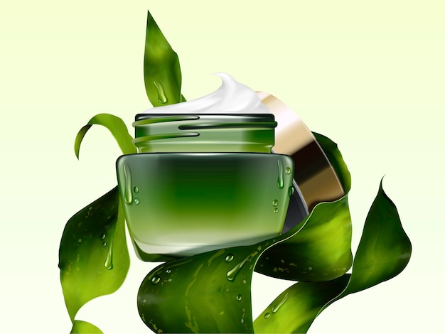 Maquete de frasco de creme cosmético verde com algas marinhas