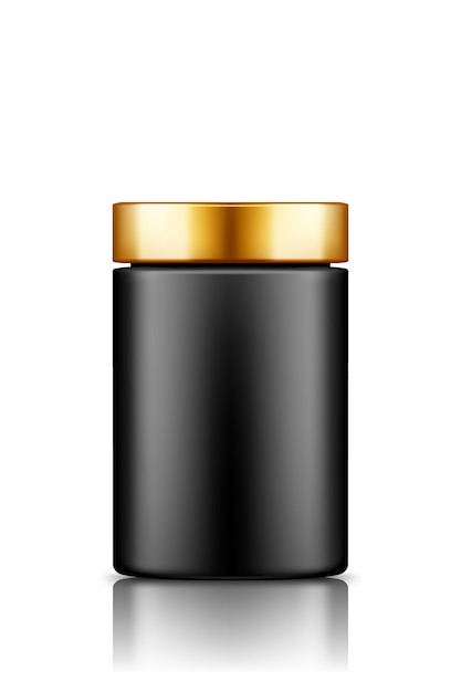 Vetor maquete de frasco de frasco de plástico preto com tampa dourada isolada no fundo branco