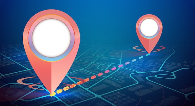 Maquete de ícone de GPS no mapa da cidade 2 pontos conectar