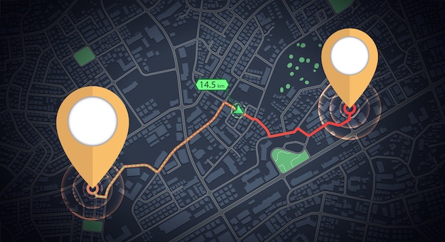 Vetor maquete de ícones de gps rastreamento com seta de distância no mapa da cidade