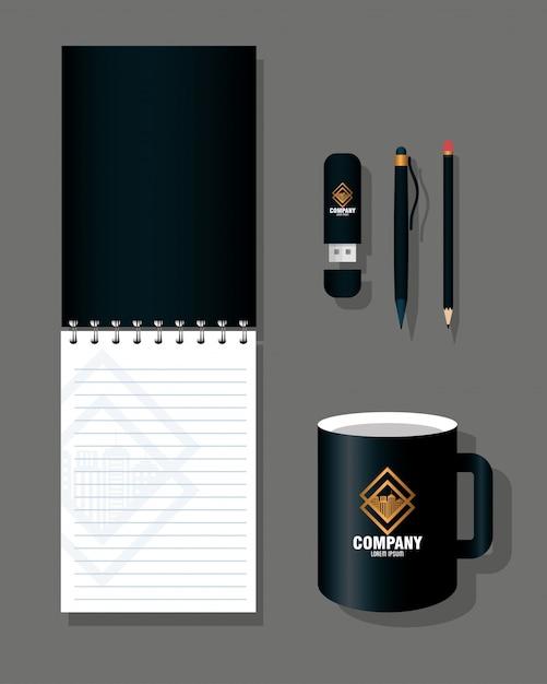 maquete de identidade corporativa da marca, material de papelaria, cor preta com design de ilustração vetorial de sinal dourado