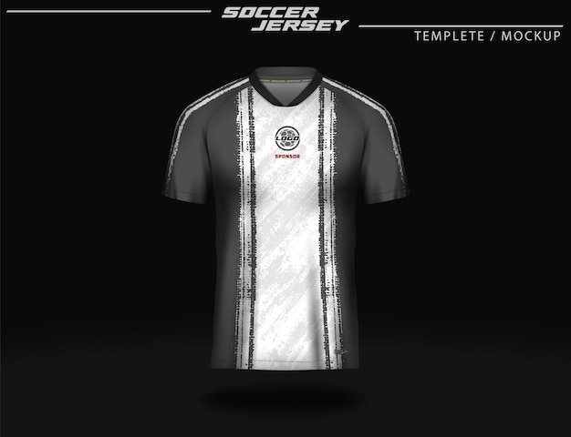 Maquete de modelo de design de camiseta esportiva de camisa de futebol preto e branco