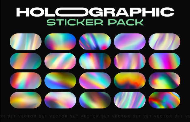 Maquete de pacote de adesivos holográficos rótulos de holograma de diferentes formas formas de adesivo para maquetes de design adesivos texturizados holográficos para rótulos de tags de visualização ilustração vetorial