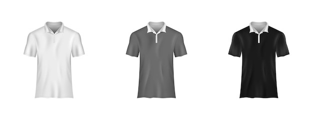 Maquete de polo de camiseta branco cinza e preto camiseta em branco 3d vista frontal roupas esportivas realistas