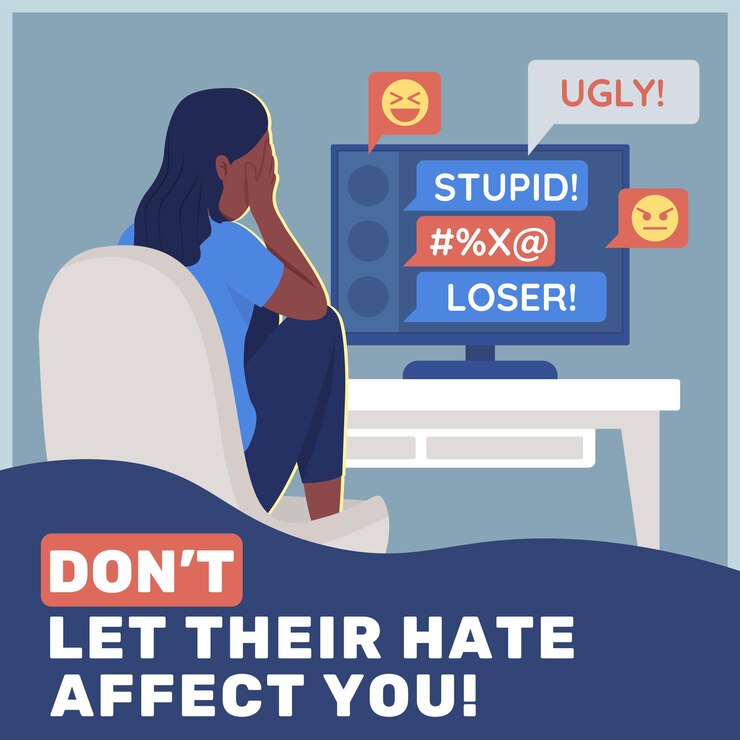 Vetor maquete de postagem de mídia social para prevenção de cyberbullying. não deixe seu ódio afetar sua frase. modelo de design de banner da web. booster, layout de conteúdo com inscrição. cartaz, anúncios impressos e ilustração plana