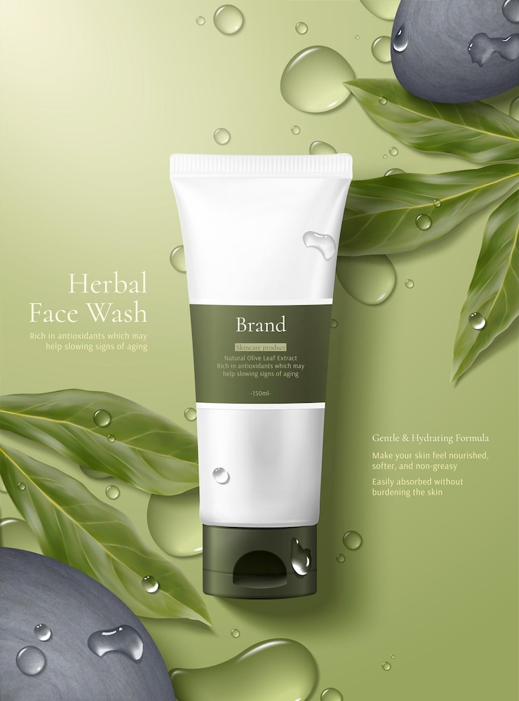 Maquete de produto de conceito de cuidado simples e natural sobre fundo verde com orvalho
