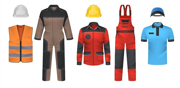 Vetor maquete de roupas de trabalho uniforme realista macacão e camiseta jaqueta brilhante ou colete roupa de segurança com capacete vestuário para correio e trabalhador conjunto de roupas profissionais vector