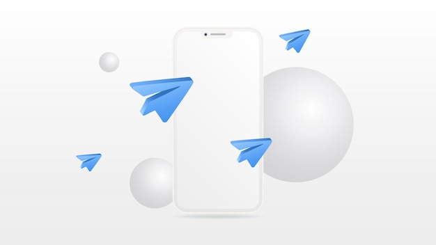 Maquete de smartphone branco com ilustração vetorial de aviões de papel azul