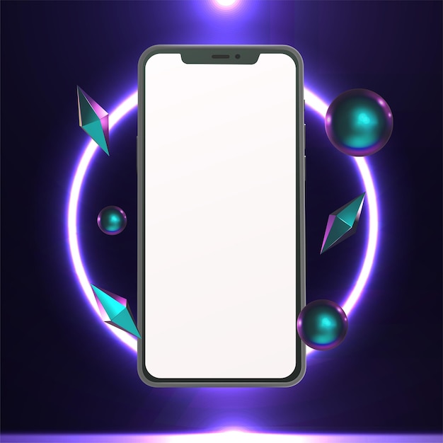 Maquete de smartphone com luz neon e formas iridescentes