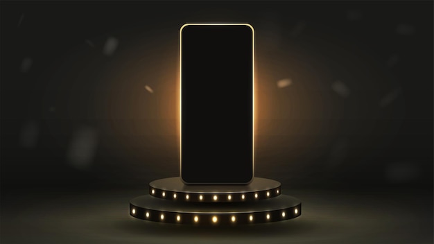 Maquete de smartphone no pódio em preto e dourado um banner da web com um telefone em uma plataforma com luzes de neon brilhantes