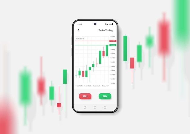 Maquete de smartphone realista gráfico de castiçal 3d de venda de ações e compra de comércio on-line de investimento de mercado no telefone móvel Efeito de desfoque de sombra transparente de vetor