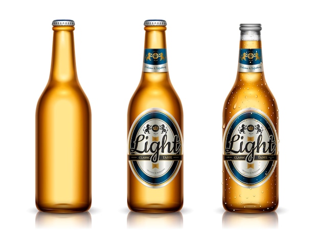 Maquete do modelo de cerveja light, design de embalagem e garrafas em branco na ilustração 3d, isoladas na superfície branca