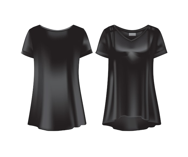 Vetor maquete preta de túnicas de camisetas femininas vista frontal e traseira