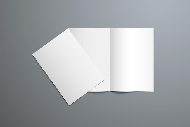 Maquete realista de brochura dupla aberta e fechada. Gabarito branco do catálogo em branco para apresentação do desenho da capa e páginas. Isolado no fundo.