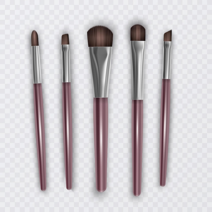 Vetor maquetes de pincel de maquiagem de design 3d de cosméticos de beleza blush para sombra e contorno de sobrancelha