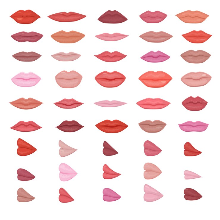 Maquiagem de lábios lindos lábios vermelhos no sorriso de beijo ou moda meninas batom e boca sexy beijando adorável no dia dos namorados conjunto ilustração isolado no fundo branco