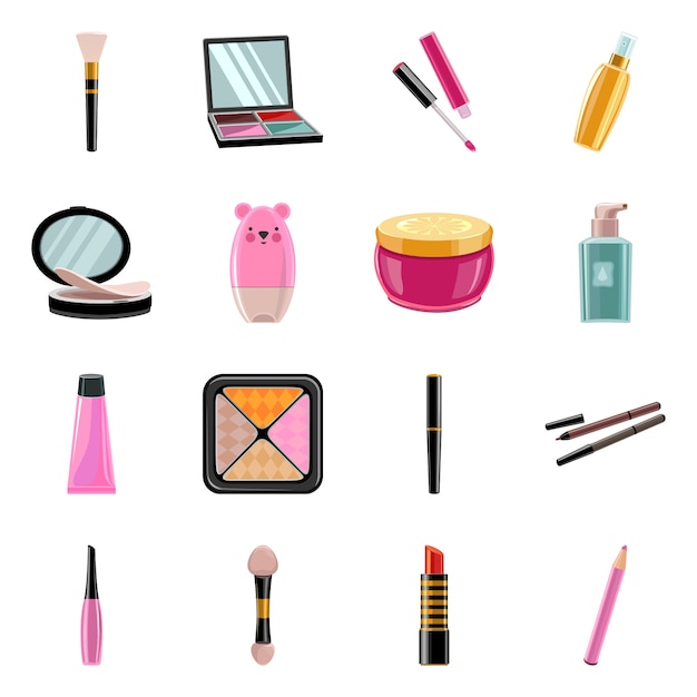 Maquiagem profissional produto vector conjunto de ícones dos desenhos animados. Escova de ilustração vetorial isolada, sombra, batom e outros cosméticos. Conjunto de ícones de maquiagem.