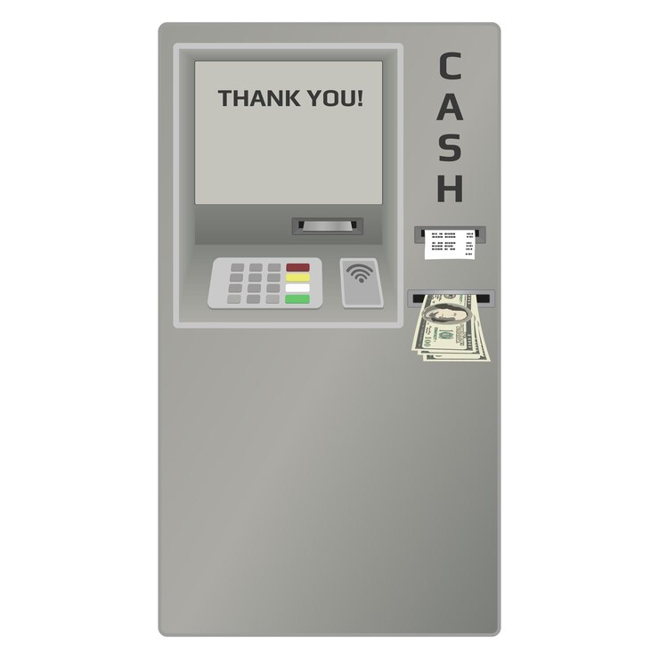 Vetor máquina atm com dólares em dinheiro e check-in slot isolado frontalmente no fundo branco