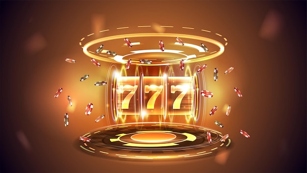 Máquina caça-níqueis Gold Casino com fichas de poker jackpot e holograma de anéis digitais em cena vazia laranja