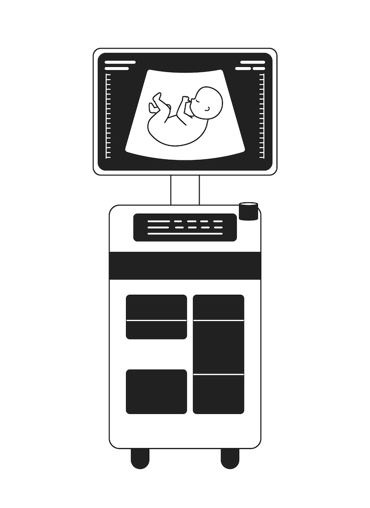 Vetor máquina de diagnóstico por ultrassom objeto vetorial plano monocromático bebê na tela ícone de linha fina em preto e branco editável ilustração de ponto de arte de clipe de desenho animado simples para design gráfico da web