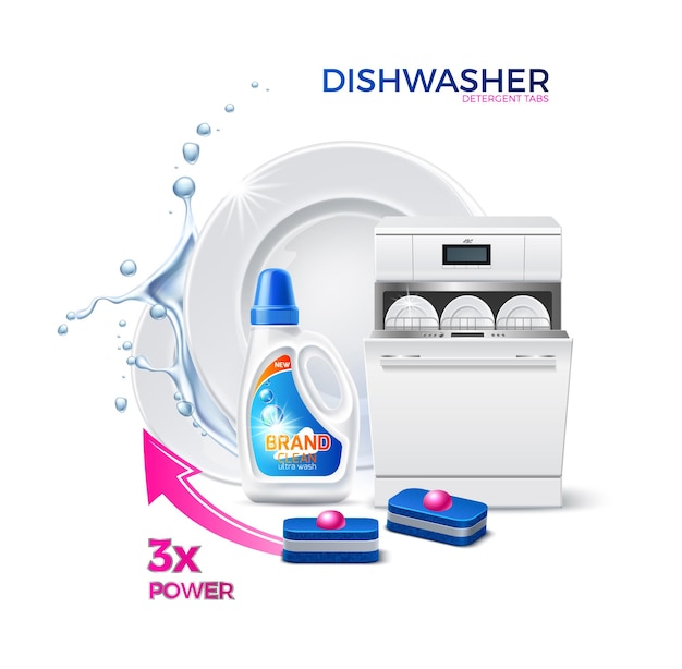 Máquina de lavar louça realista de vetor com pratos limpos