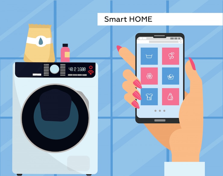 Vetor máquina de lavar roupa controlada via smartphone com wi-fi. aplicativo de controle remoto para smartphone. feminino mão segura o celular com os botões na tela.