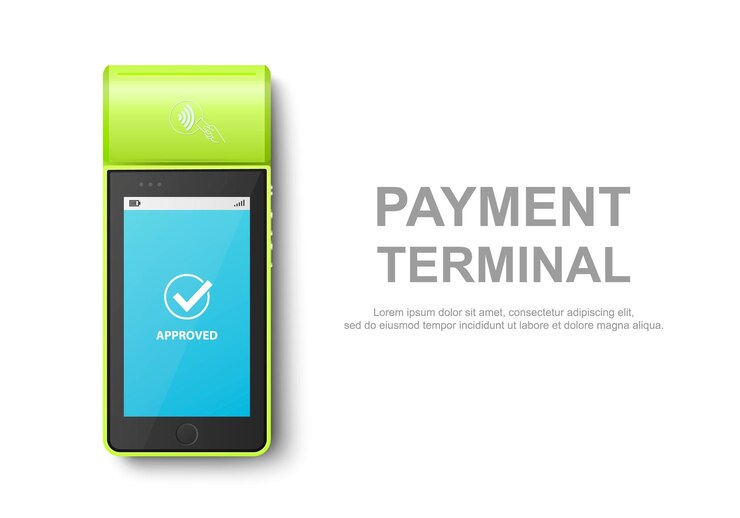 Vetor máquina de pagamento nfc verde vector 3d com estado de pagamento aprovado máquina terminal pos