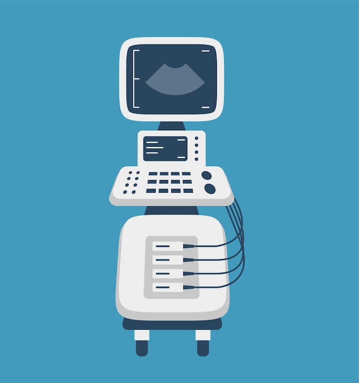 Vetor máquina de ultrassom equipamento de sala de exame hospitalar isolado em fundo branco