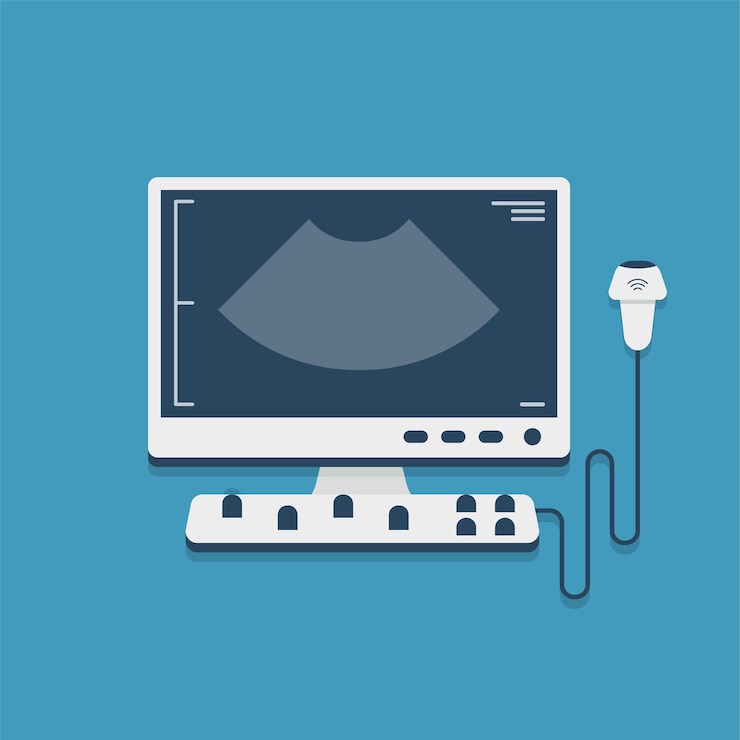 Vetor máquina de ultrassom equipamento de sala de exame hospitalar isolado em fundo branco