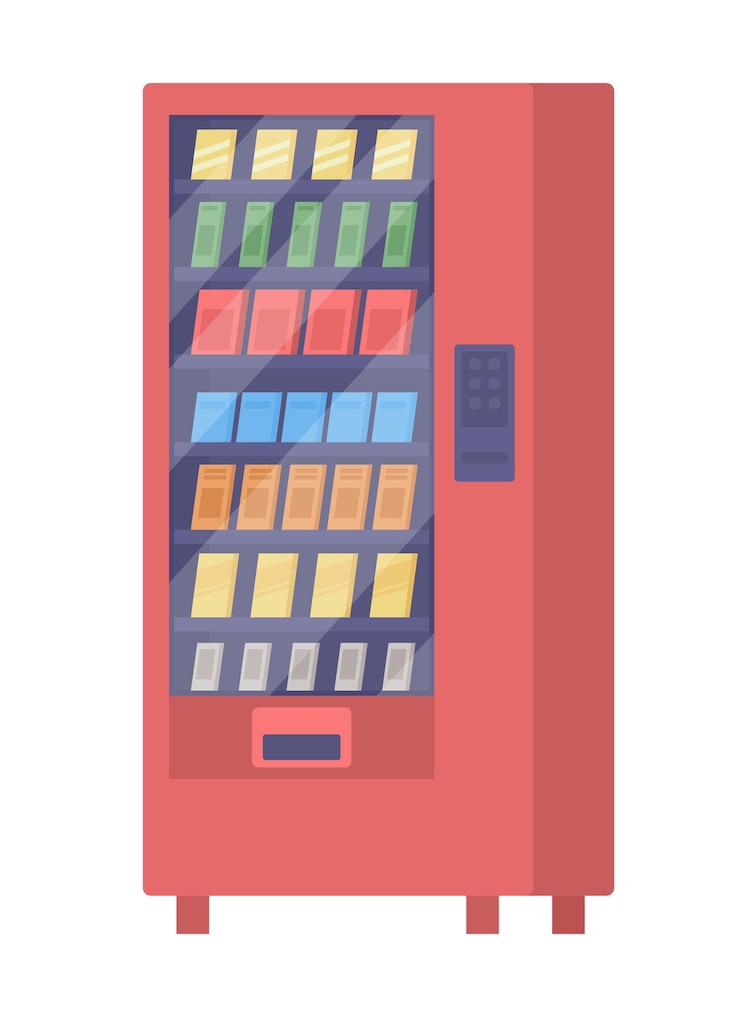 Vetor máquina de venda automática com item de vetor de cor semi plana de lanches. objeto realista em branco. vendendo bebidas e comida isolada ilustração de estilo de desenho animado moderno para design gráfico e animação