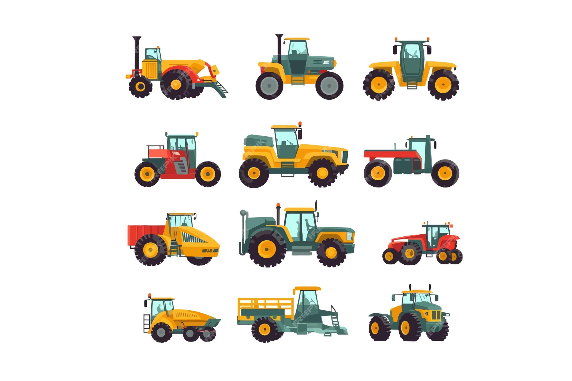 Conjunto de desenhos com trator agrícola de diferentes pontos de vista