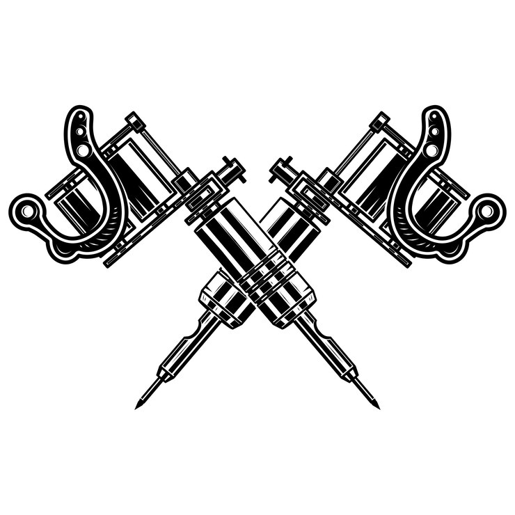 Vetor máquinas de tatuagem cruzadas em fundo branco. elemento para cartaz, emblema, sinal, crachá. ilustração