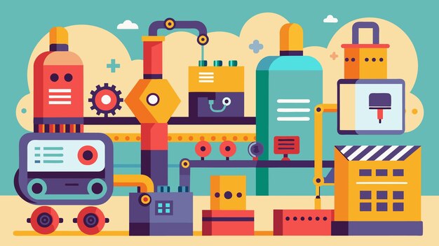 Vetor máquinas sofisticadas e linhas de montagem compactas trabalham em harmonia para minimizar o desperdício e maximizar