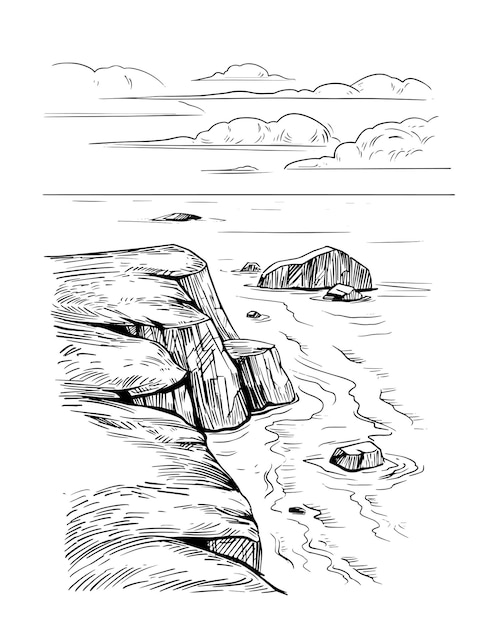 Mar de esboço de paisagem marinha de ilustração