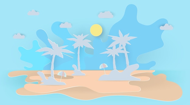 Vetor mar de verão e praia com guarda-chuva e palmeiravector ilustração estilo de arte de papel