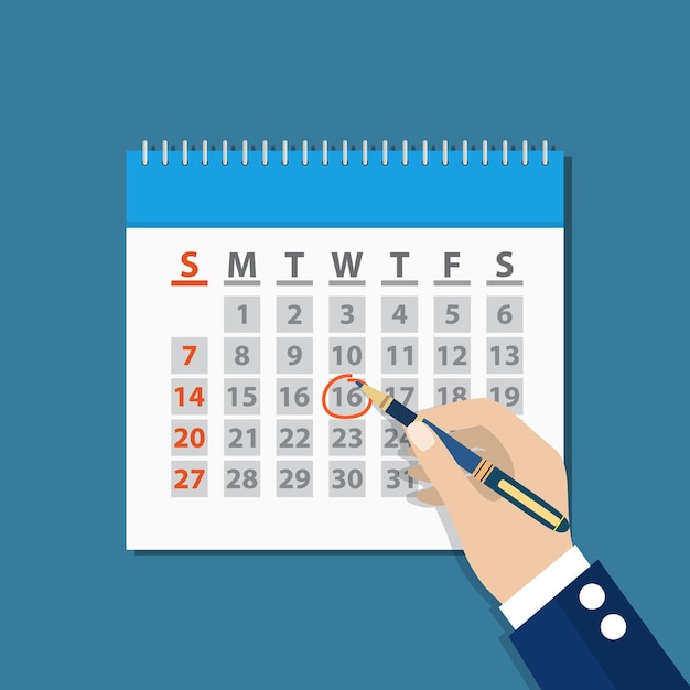 Marca de mão de empresário no calendário de caneta. Organizador de conceito