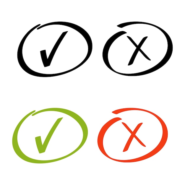Marca de verificação verde e cruz vermelha num círculo conjunto de ícones desenhados à mão símbolo de marcação e cruz isolado