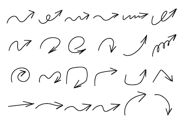 Marcador de esboço setas desenhadas à mão, sublinhado, linhas, ênfase, conjunto de ondas. seta de pincel desenhada de mão