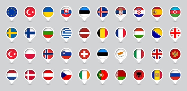 Marcadores de localização com bandeiras de ilustração vetorial de países da europa