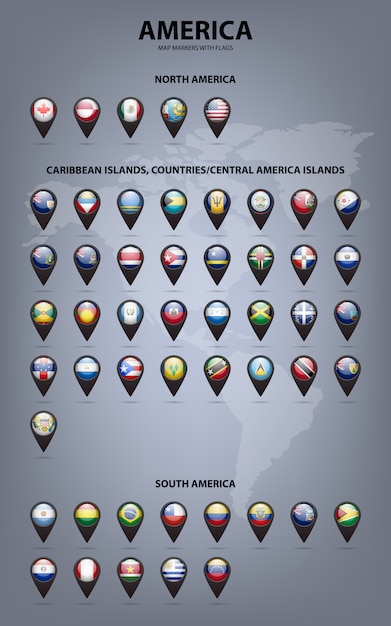 Marcadores de mapa com bandeiras da américa. cores originais.