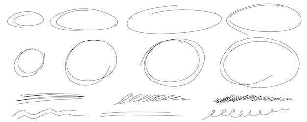 Vetor marcas ovais destacadas esboço desenhado à mão sublinha linhas conjunto de círculos de rabiscos desenhados à mão