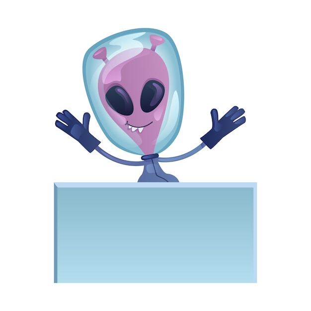 Marciano com ilustração de desenhos animados plana de banner em branco. extraterrestre, alienígena sorridente. pronto para usar o modelo de caracteres 2d para comercial, animação, design de impressão. herói cômico isolado