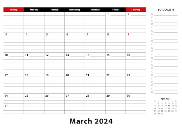 Vetor março de 2024 calendário mensal de mesa a semana começa no domingo tamanho a3