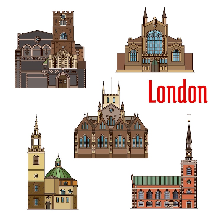 Vetor marco de viagens de londres do conjunto de ícones da igreja britânica