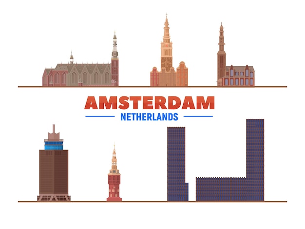 Marcos de amsterdã em um fundo branco objetos isolados ilustração vetorial plana conceito de viagens e turismo de negócios com edifícios modernos imagem para banner ou site