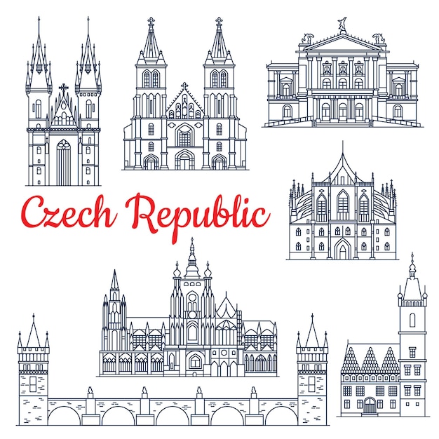 Vetor marcos de viagem de linha fina da república checa