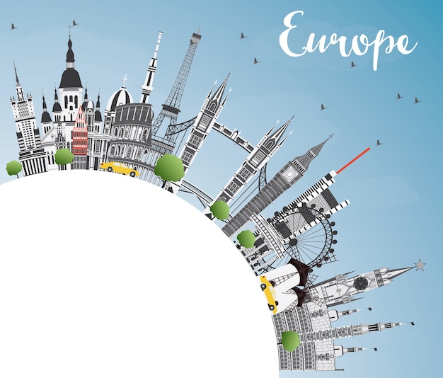 Marcos famosos na europa com espaço de cópia. ilustração vetorial. viagem de negócios e conceito de turismo. imagem para apresentação, banner, cartaz e site da web