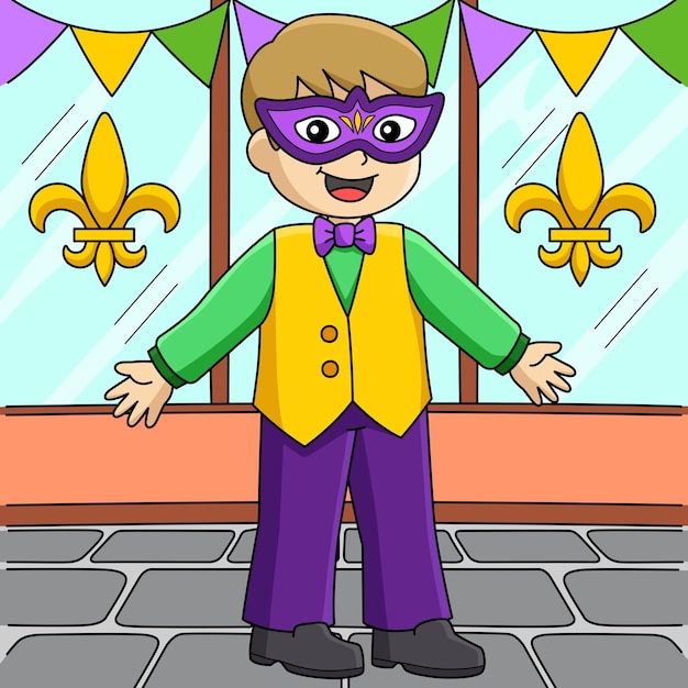 Mardi gras boy com desenho animado colorido de máscara