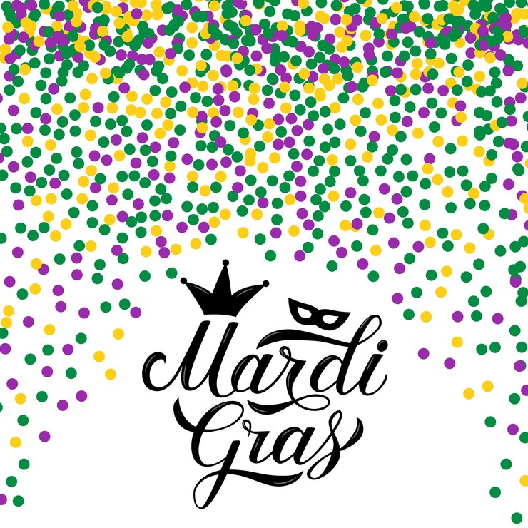 Vetor mardi gras caligrafia letras em fundo com confeti colorido terça-feira gordo ou shrove cartaz carnaval tradicional em nova orleans modelo vetorial para convite de festa flyer bandeira